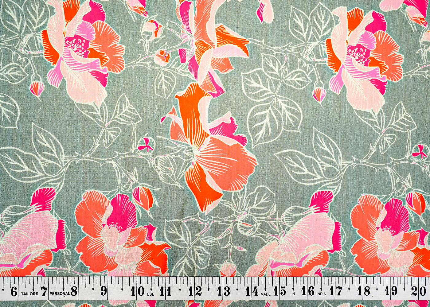 Moss Green Linen Satin Fabric with Allover Flowers Print 14426