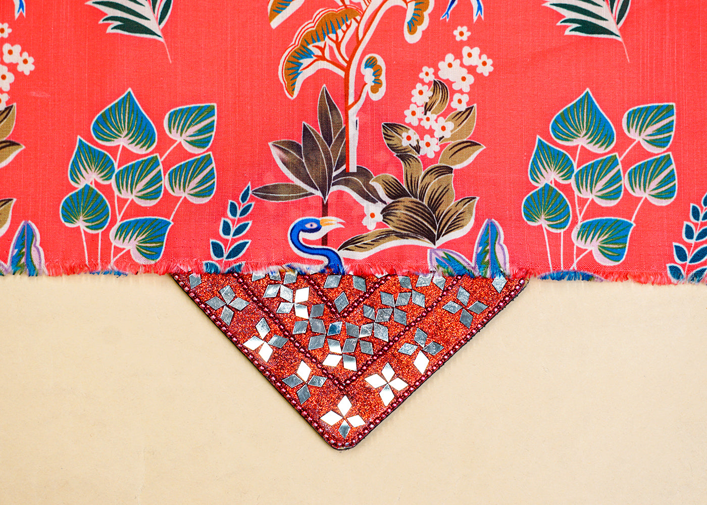 Coral Pink Linen Satin Fabric with Allover Traditional Motif 14429