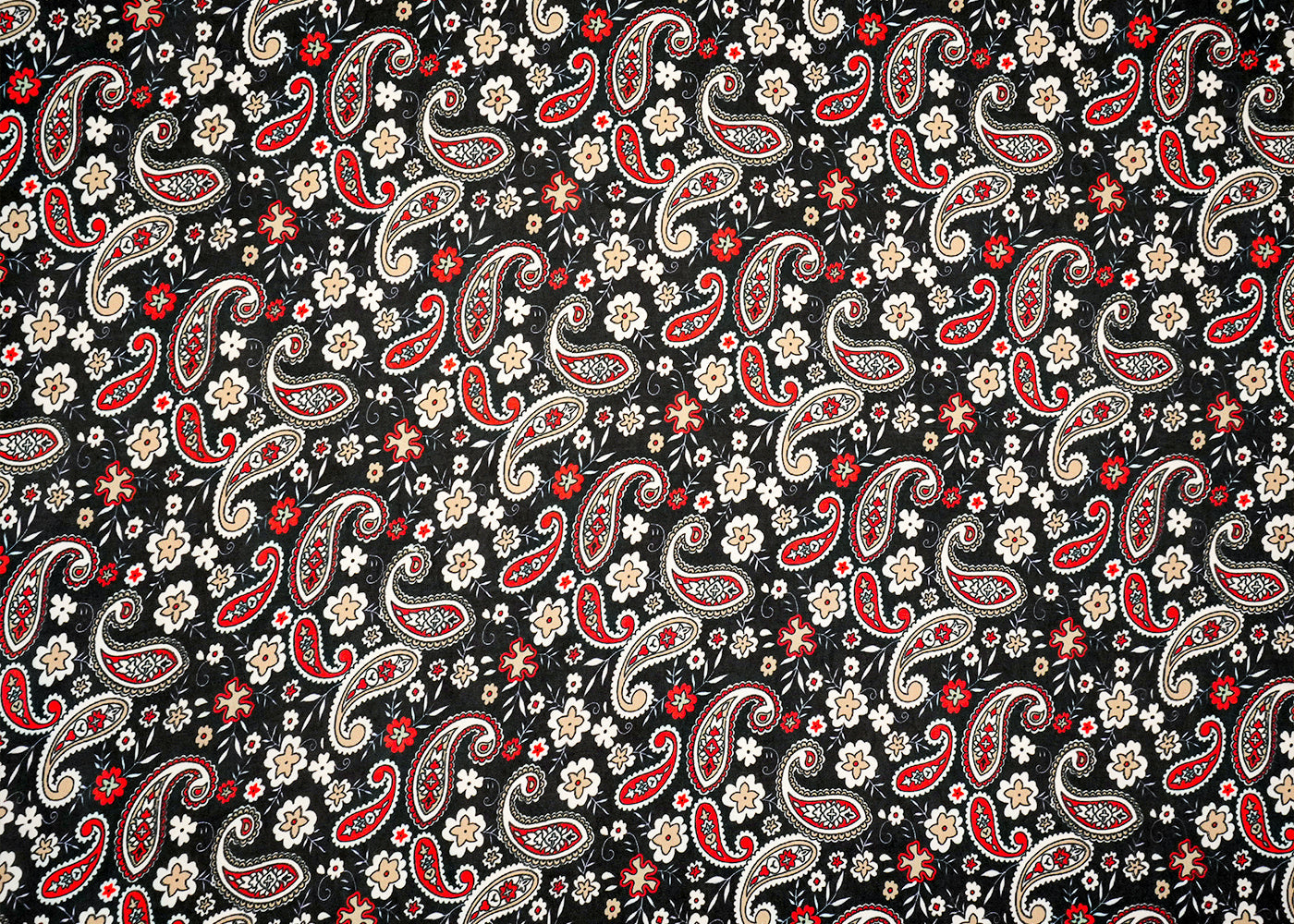 Black Modal Satin Fabric with All-Over Paisley Leaf Print 14432