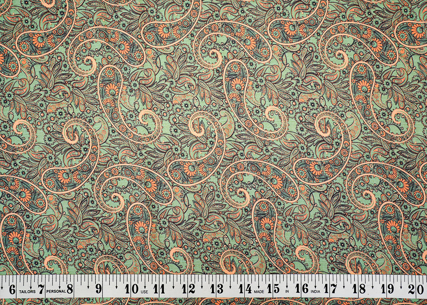 Green Modal Satin Fabric with All-Over Paisley Leaf Print 14434