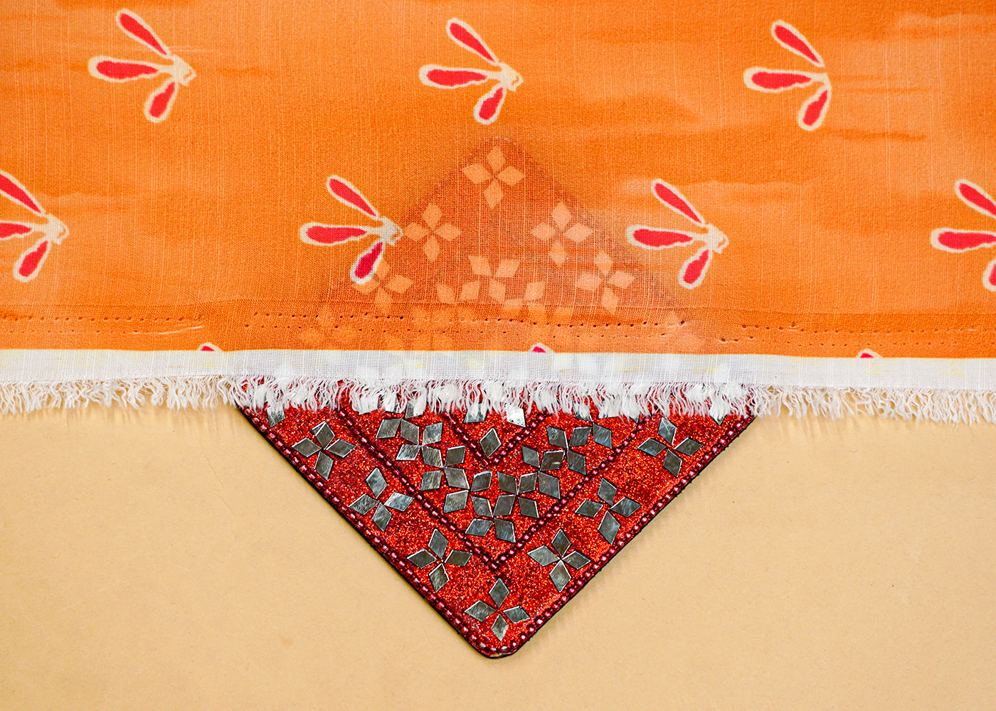 Orange Linen Satin Fabric with Allover Textured Paint Abstract Pattern 14461