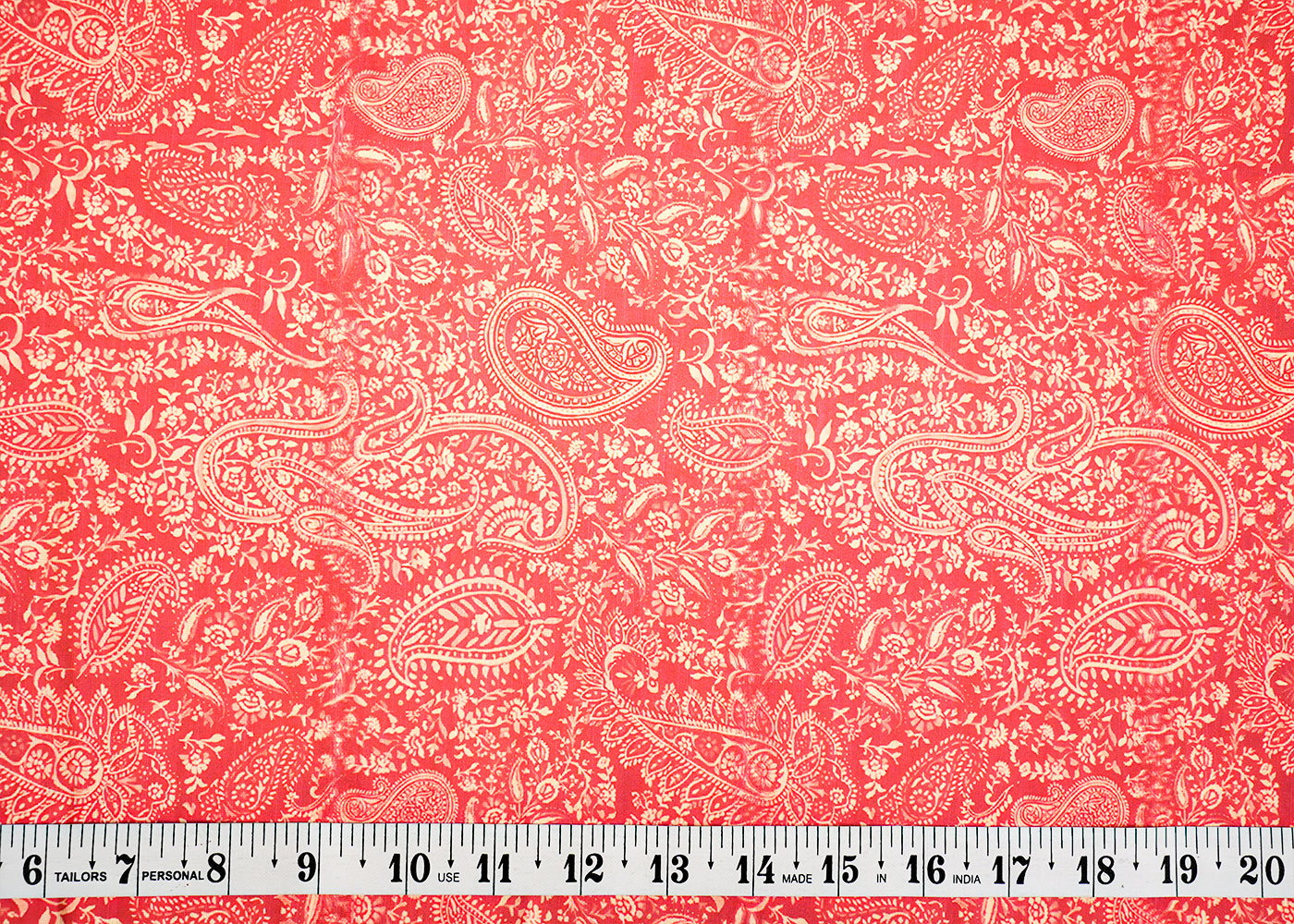 Old Rose Pink Linen Satin Fabric with All-Over Traditional Print 14476