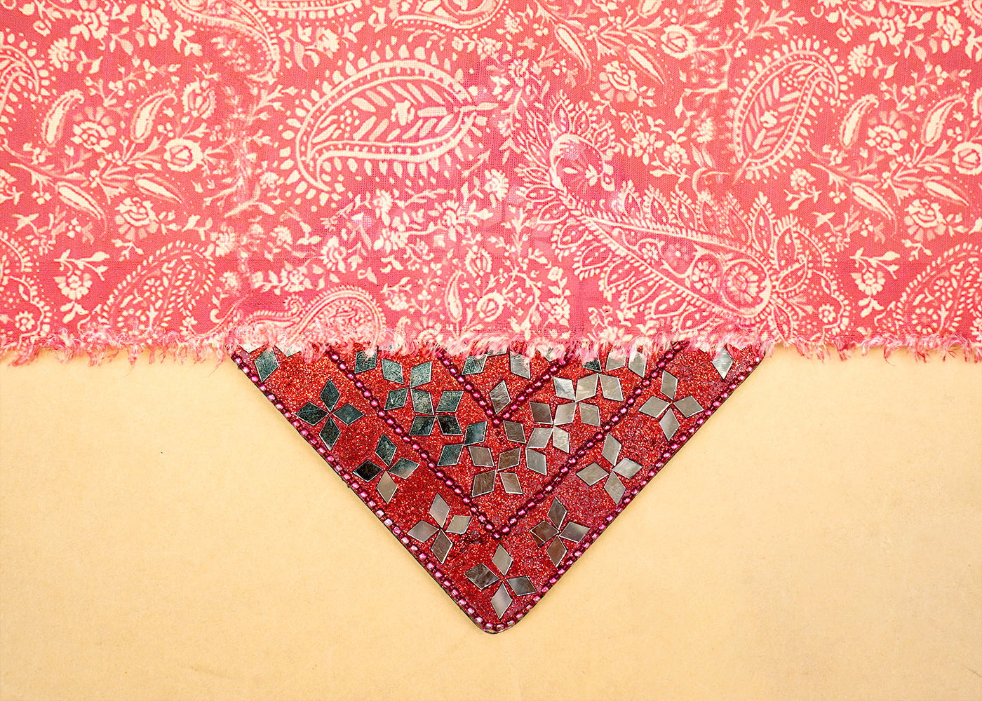 Old Rose Pink Linen Satin Fabric with All-Over Traditional Print 14476