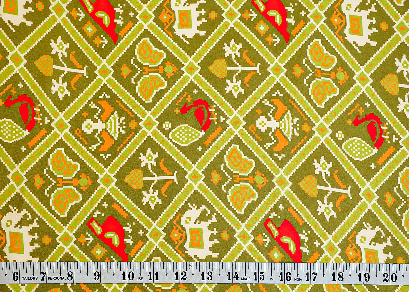Green Armani Satin Fabric with All Over Traditional Print 14481