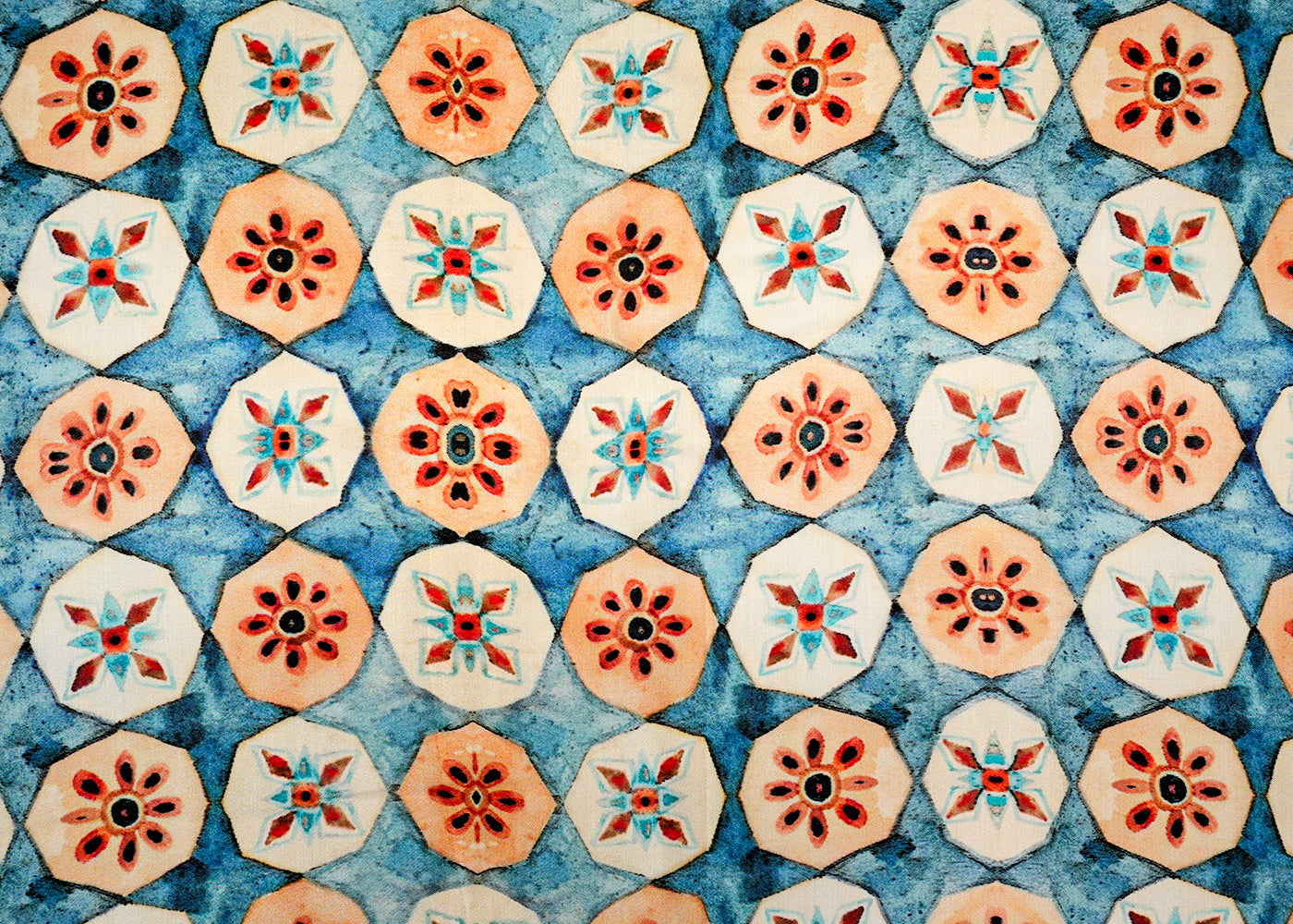 Blue Viscose Modal Satin Fabric with All-Over Abstract Motifs Print 14482