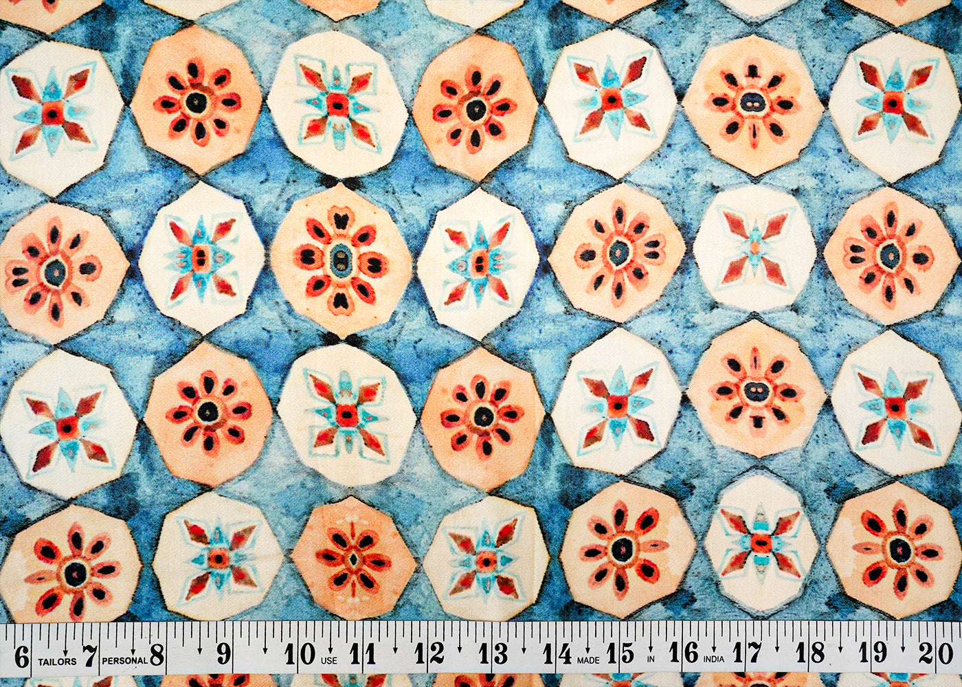 Blue Viscose Modal Satin Fabric with All-Over Abstract Motifs Print 14482