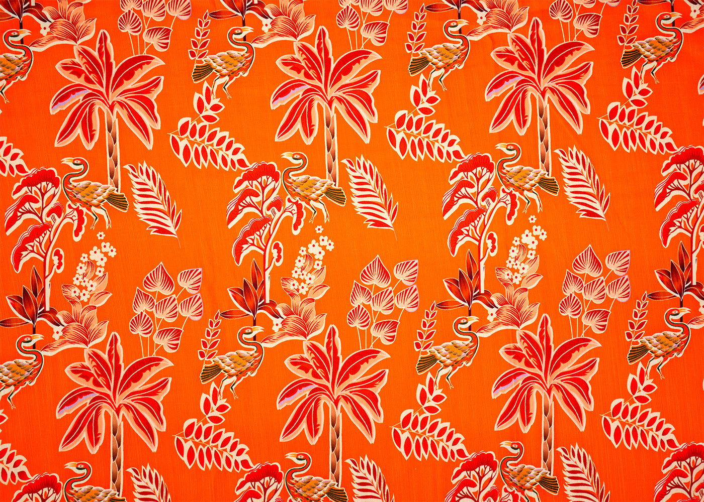 Orange Linen Satin Fabric with All-Over Traditional Print 14483