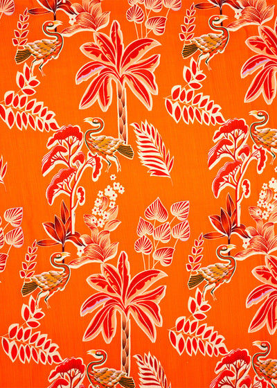 Orange Linen Satin Fabric with All-Over Traditional Print 14483