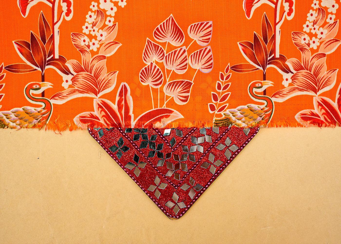 Orange Linen Satin Fabric with All-Over Traditional Print 14483