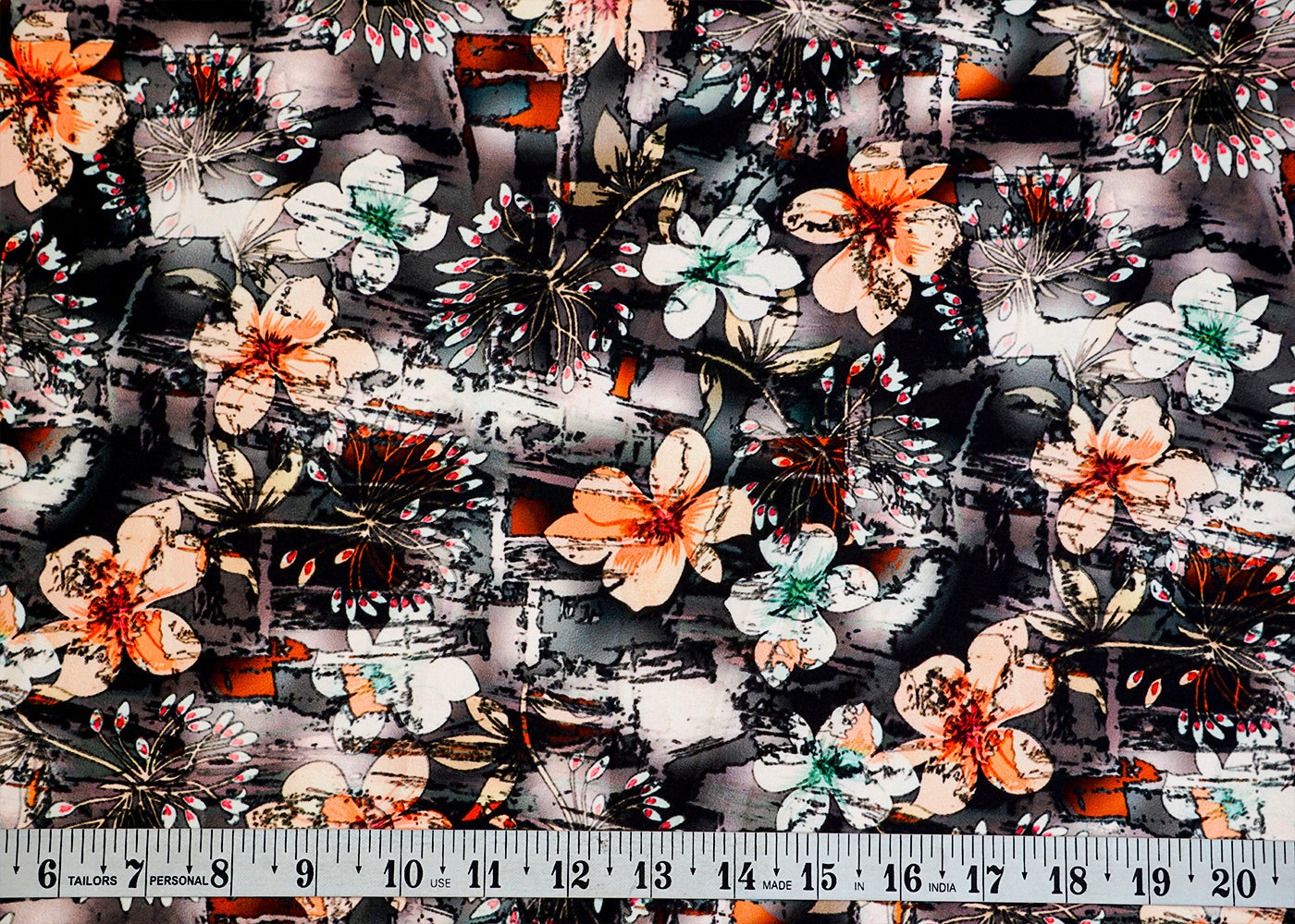 Charcoal Grey Satin Fabric with Allover Floral Print 14486