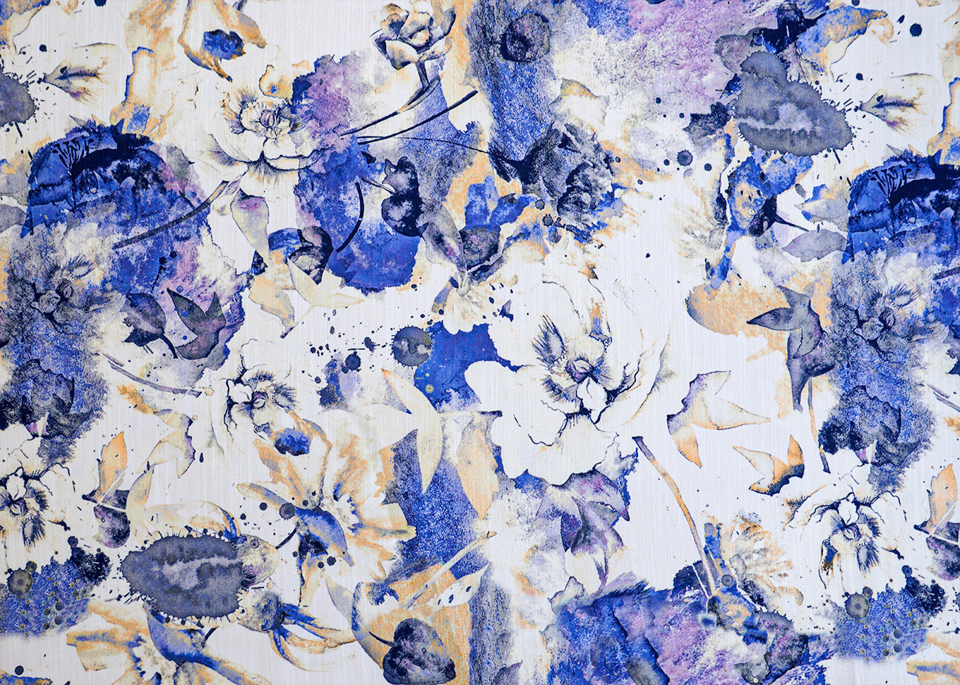 Off White & Purple Linen Satin Fabric with Allover Watercolor Effect 14508