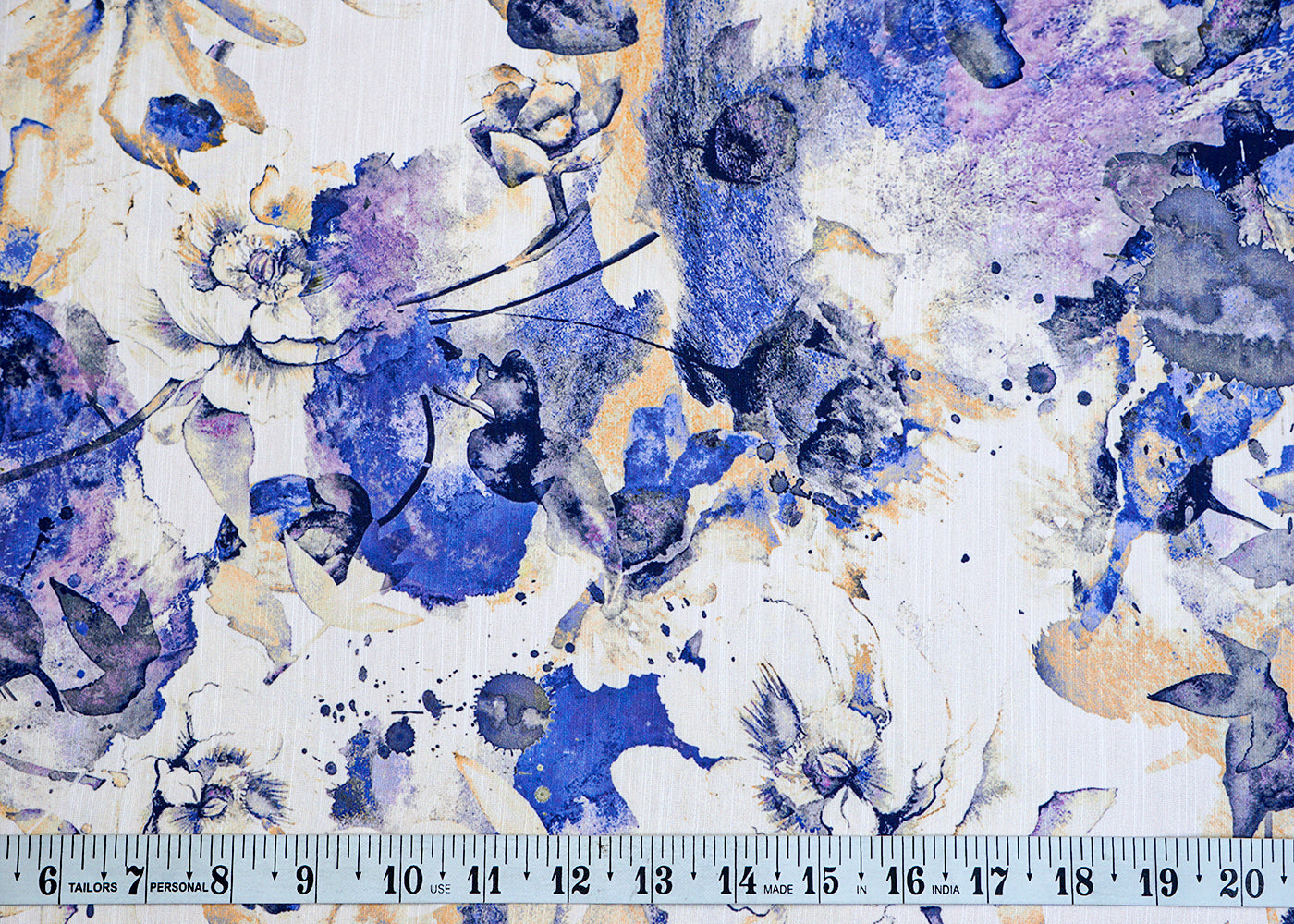 Off White & Purple Linen Satin Fabric with Allover Watercolor Effect 14508