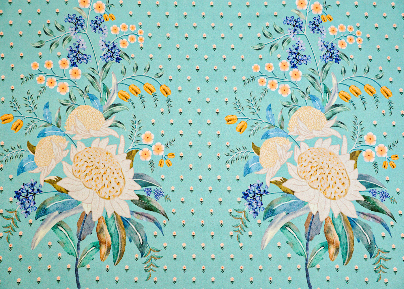 Sky Blue Moss Crepe Fabric with Allover Floral Print and One-Side Border 14556