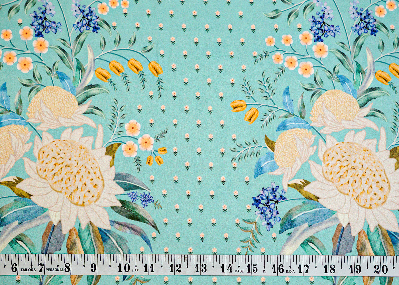 Sky Blue Moss Crepe Fabric with Allover Floral Print and One-Side Border 14556