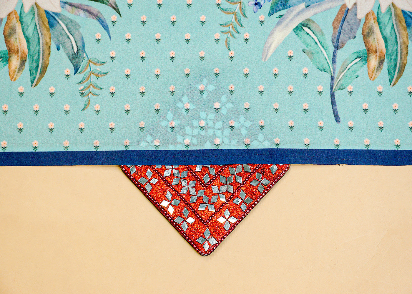 Sky Blue Moss Crepe Fabric with Allover Floral Print and One-Side Border 14556