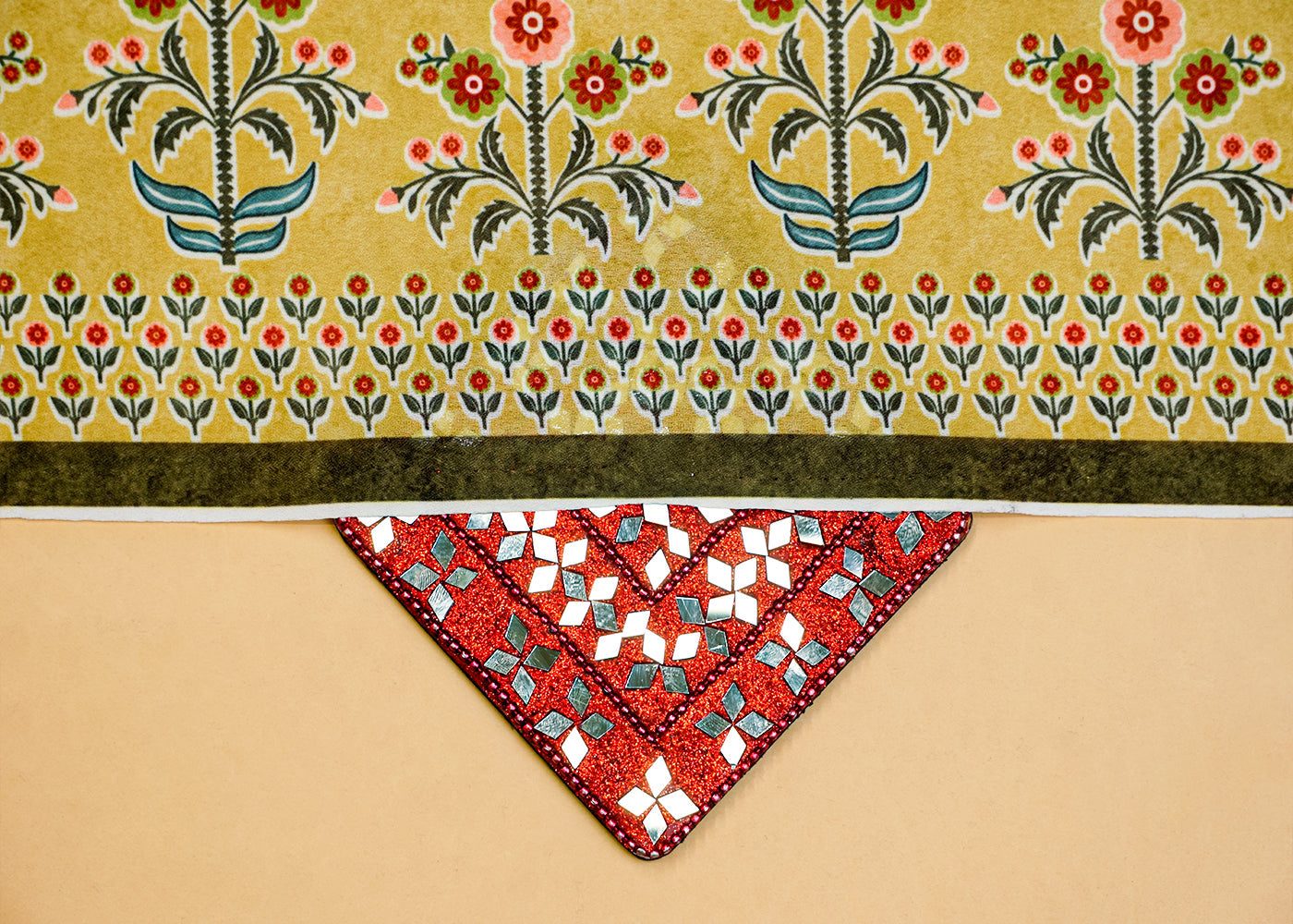 Mehendi Green Moss Crepe Fabric with Allover Traditional Print and One Side Border 14558