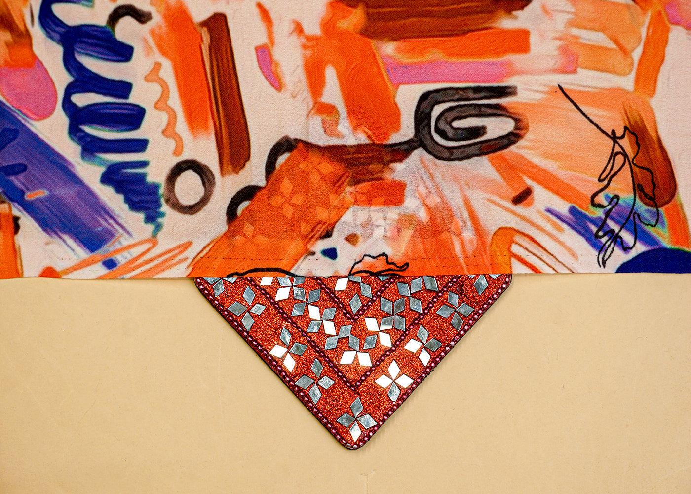 Orange Moss Crepe Fabric with Allover Abstract Print 14564