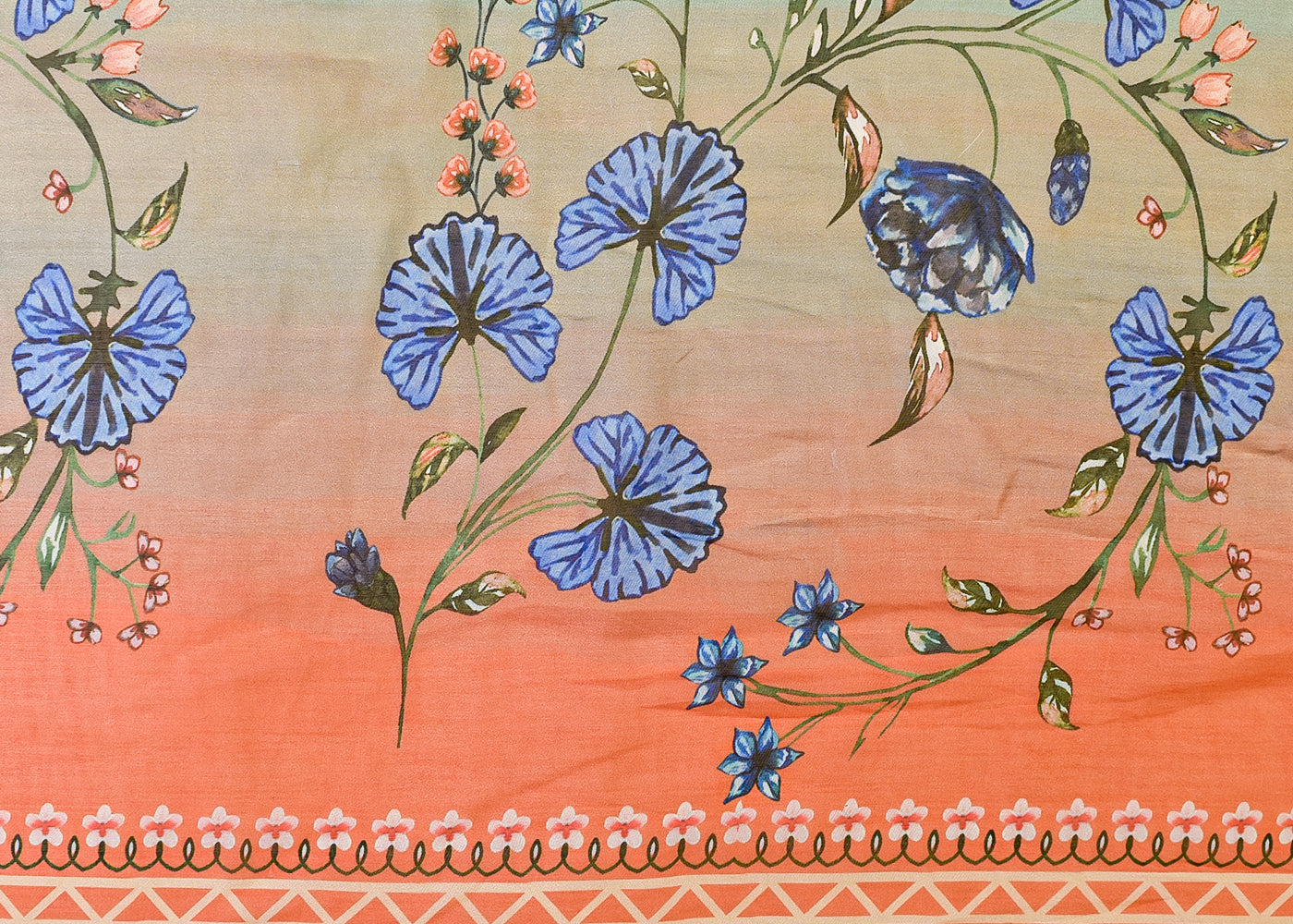 Mint Green & Orange Organza Fabric with All Over Traditional Print 14614