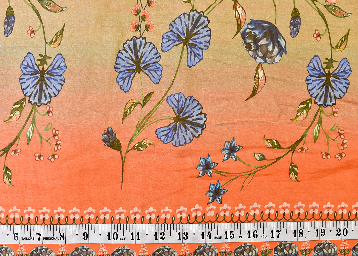 Mint Green & Orange Organza Fabric with All Over Traditional Print 14614