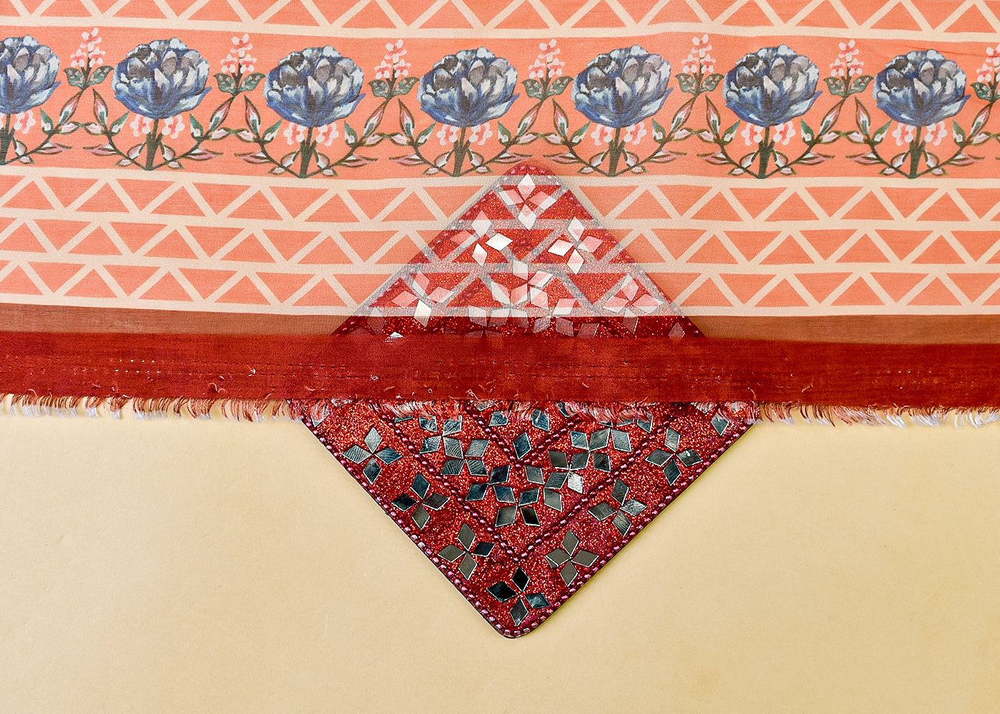 Mint Green & Orange Organza Fabric with All Over Traditional Print 14614