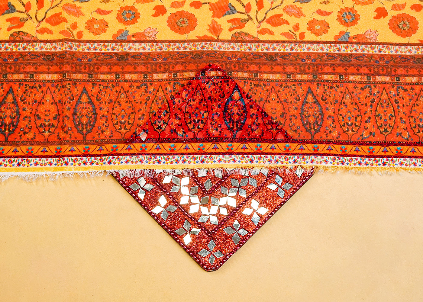 Mustard Organza Fabric with All Over Traditional Print 14621