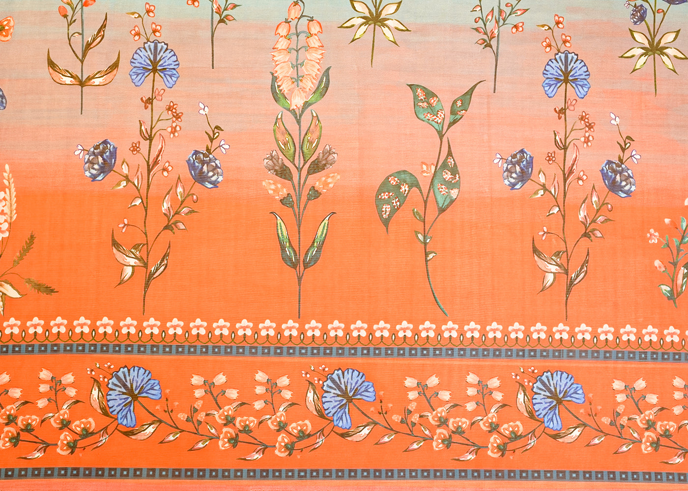 Blue & Orange Organza Fabric with All Over Traditional Print 14623