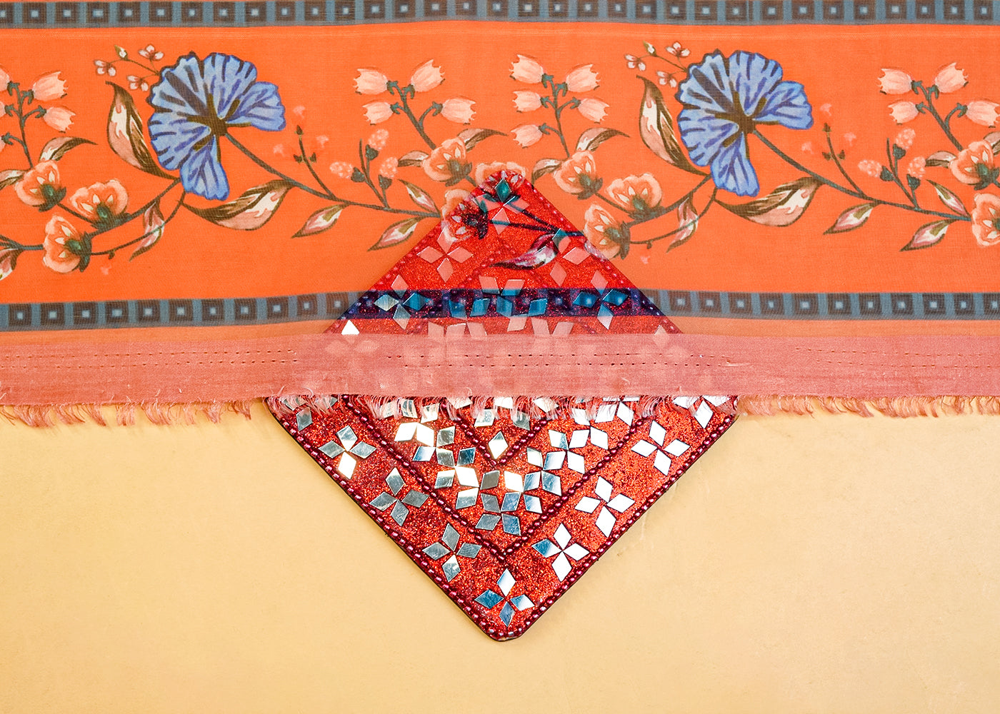 Blue & Orange Organza Fabric with All Over Traditional Print 14623