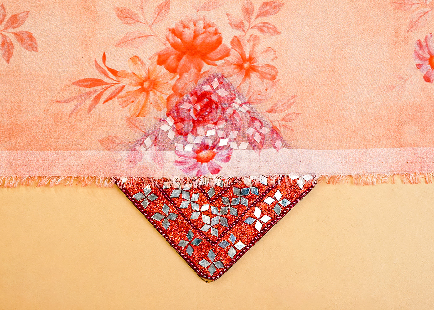 Peach Organza Fabric with All Over Floral Print 14624