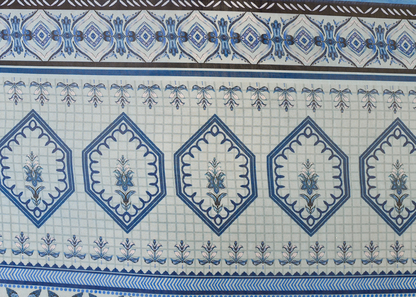 Sky Blue Organza Fabric with All Over Traditional Print and One Side Border 14632