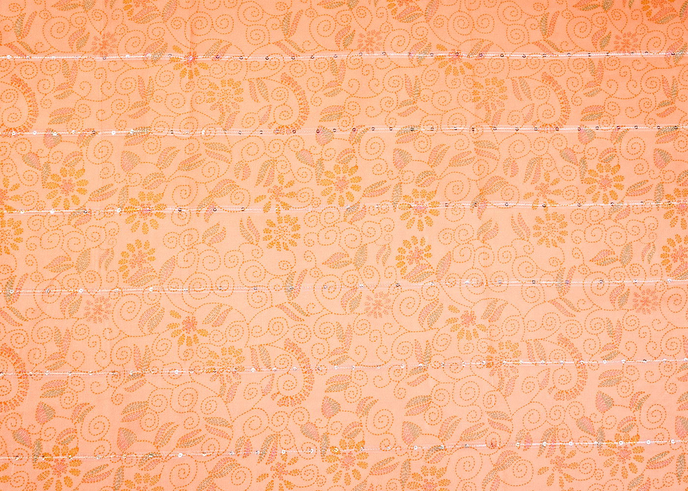 Peach Organza Fabric with All Over Traditional Print, Sequins, and Lurex Thread 14733
