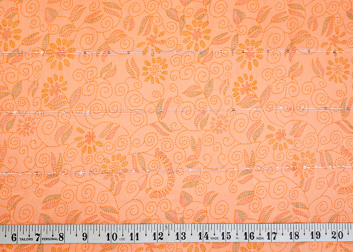 Peach Organza Fabric with All Over Traditional Print, Sequins, and Lurex Thread 14733
