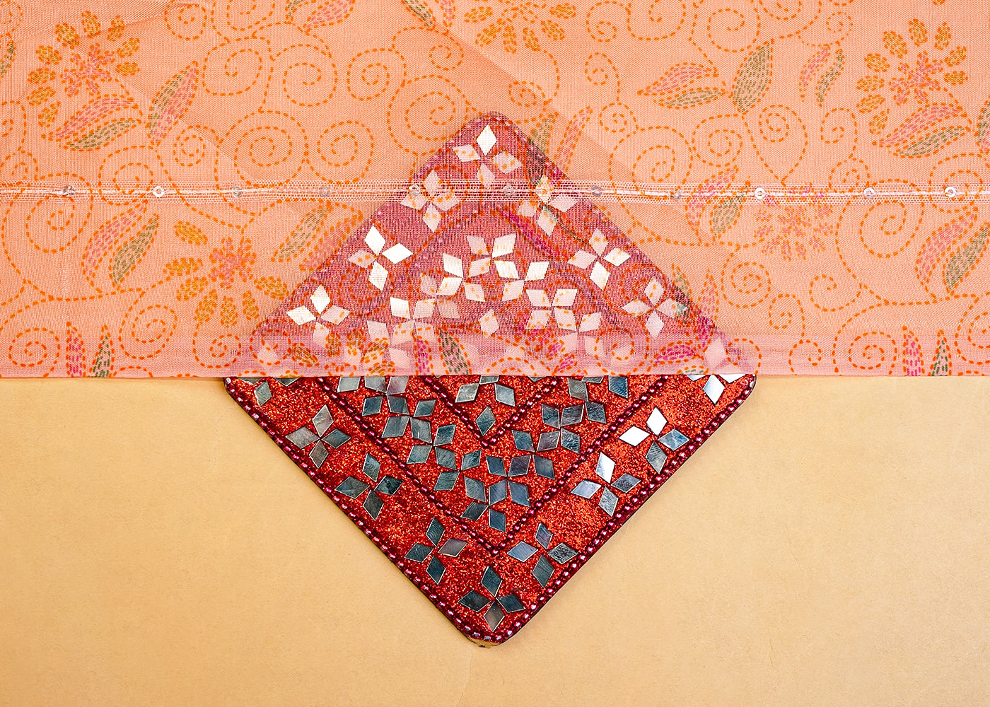 Peach Organza Fabric with All Over Traditional Print, Sequins, and Lurex Thread 14733