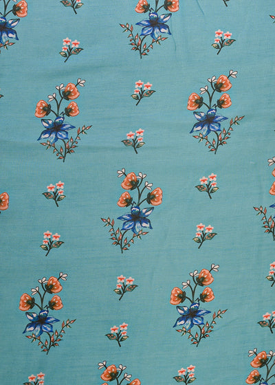 Blue Organza Fabric with All Over Traditional Print 14736