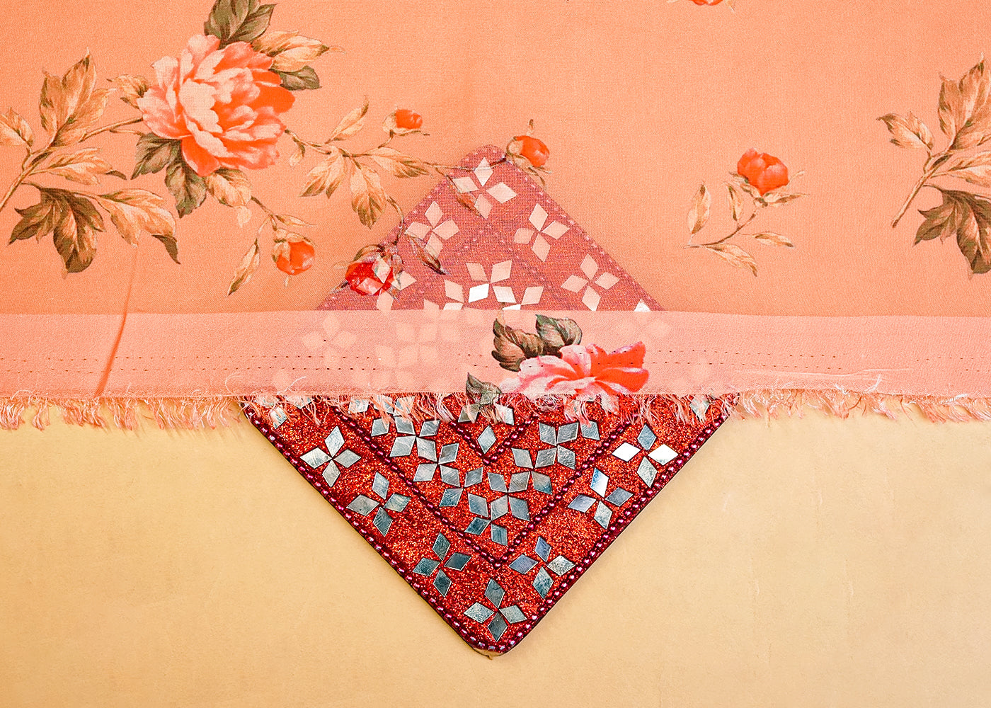 Light Orange Organza Fabric with All Over Floral Print 14740