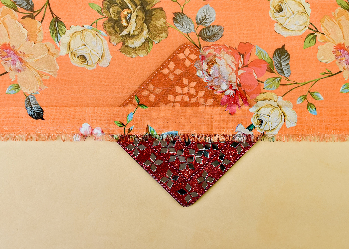 Light Orange Organza Fabric with All Over Floral Print 14744