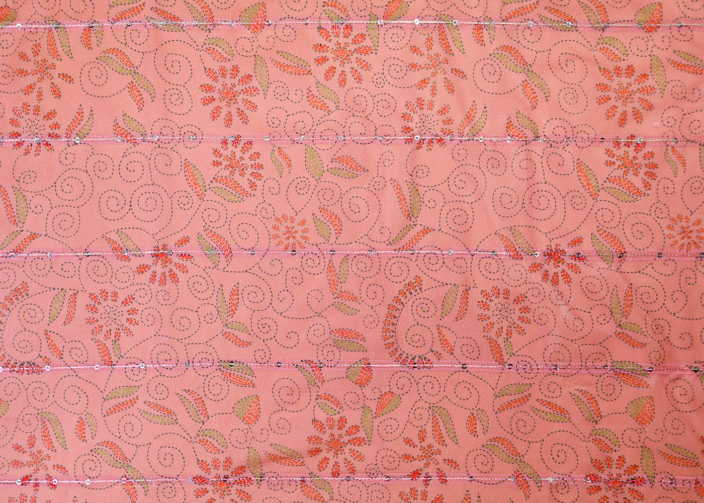 Old Rose Pink Organza Fabric with All Over Traditional Print, Lurex Thread & Sequins Work 14747