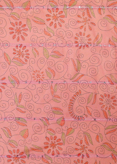 Old Rose Pink Organza Fabric with All Over Traditional Print, Lurex Thread & Sequins Work 14747