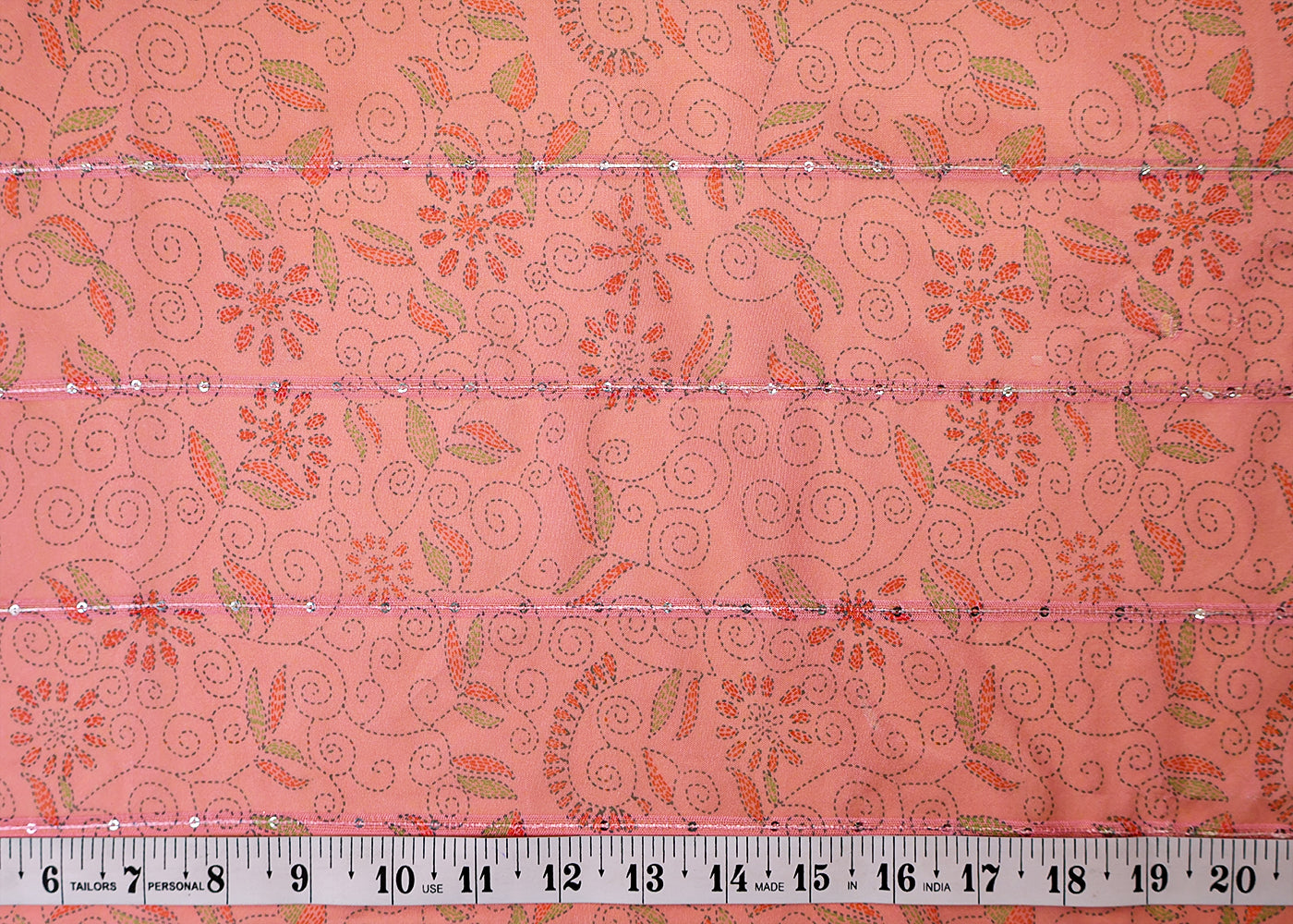 Old Rose Pink Organza Fabric with All Over Traditional Print, Lurex Thread & Sequins Work 14747