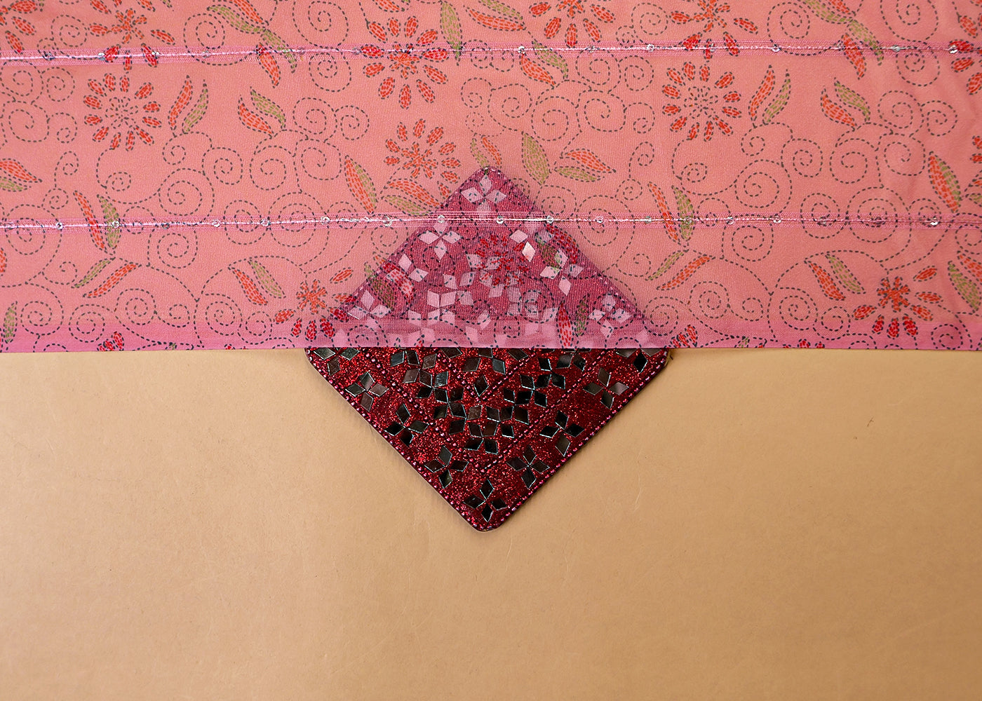 Old Rose Pink Organza Fabric with All Over Traditional Print, Lurex Thread & Sequins Work 14747