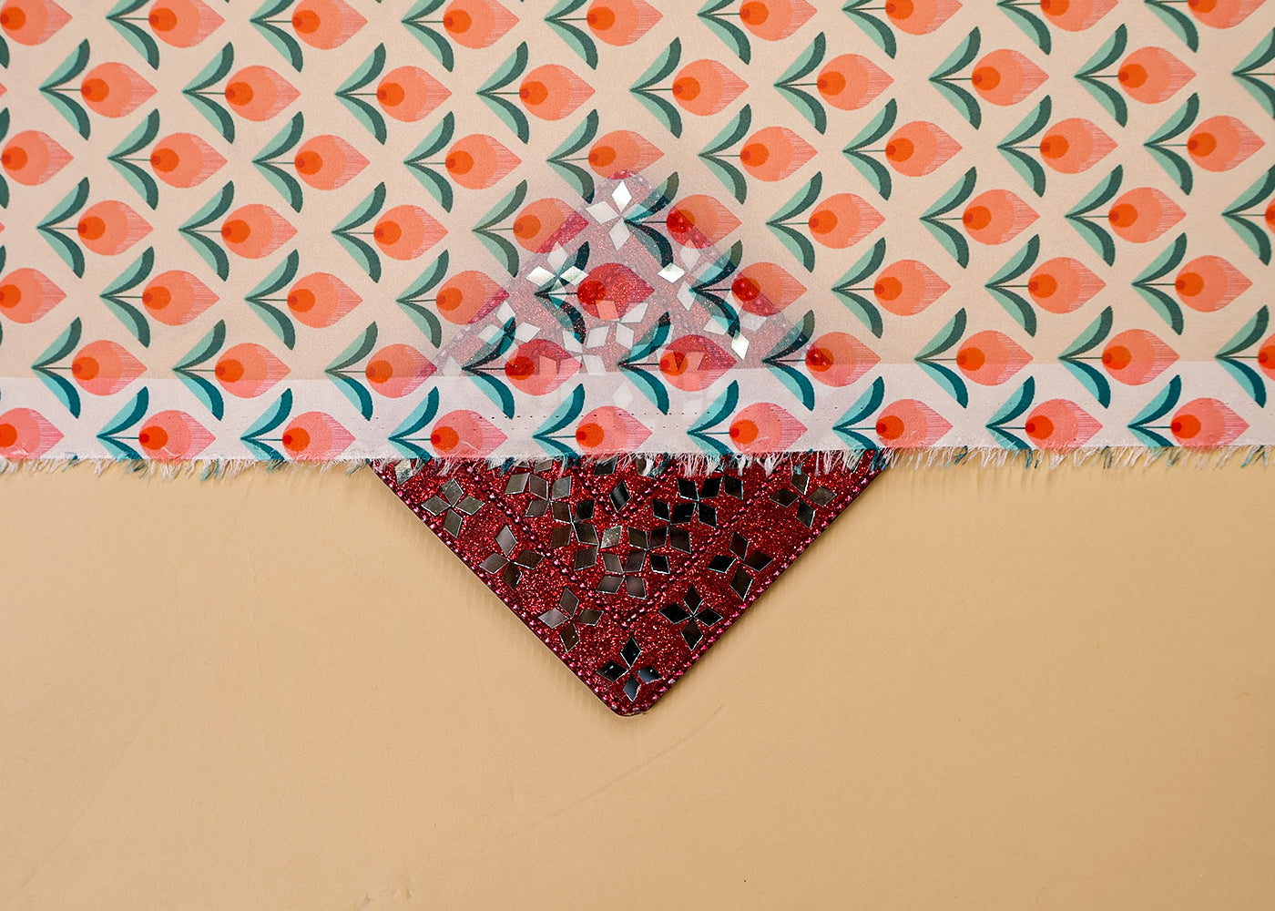 Light Peach Organza Fabric with All Over Traditional Print 14768