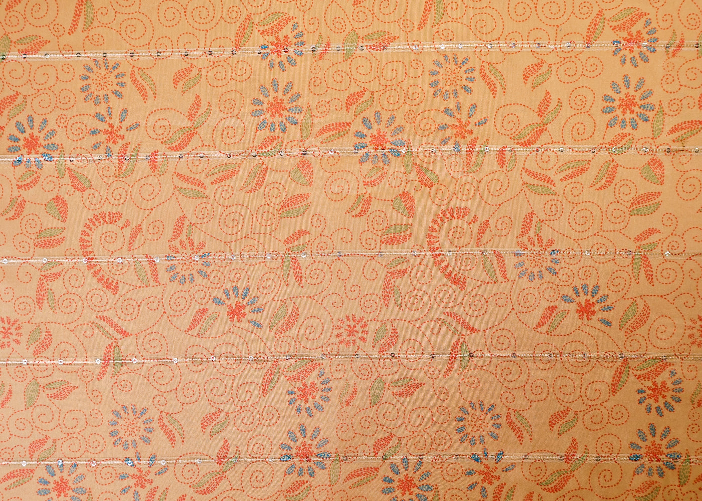 Beige Organza Fabric with All Over Traditional Print, Lurex Thread & Sequins Work 14784