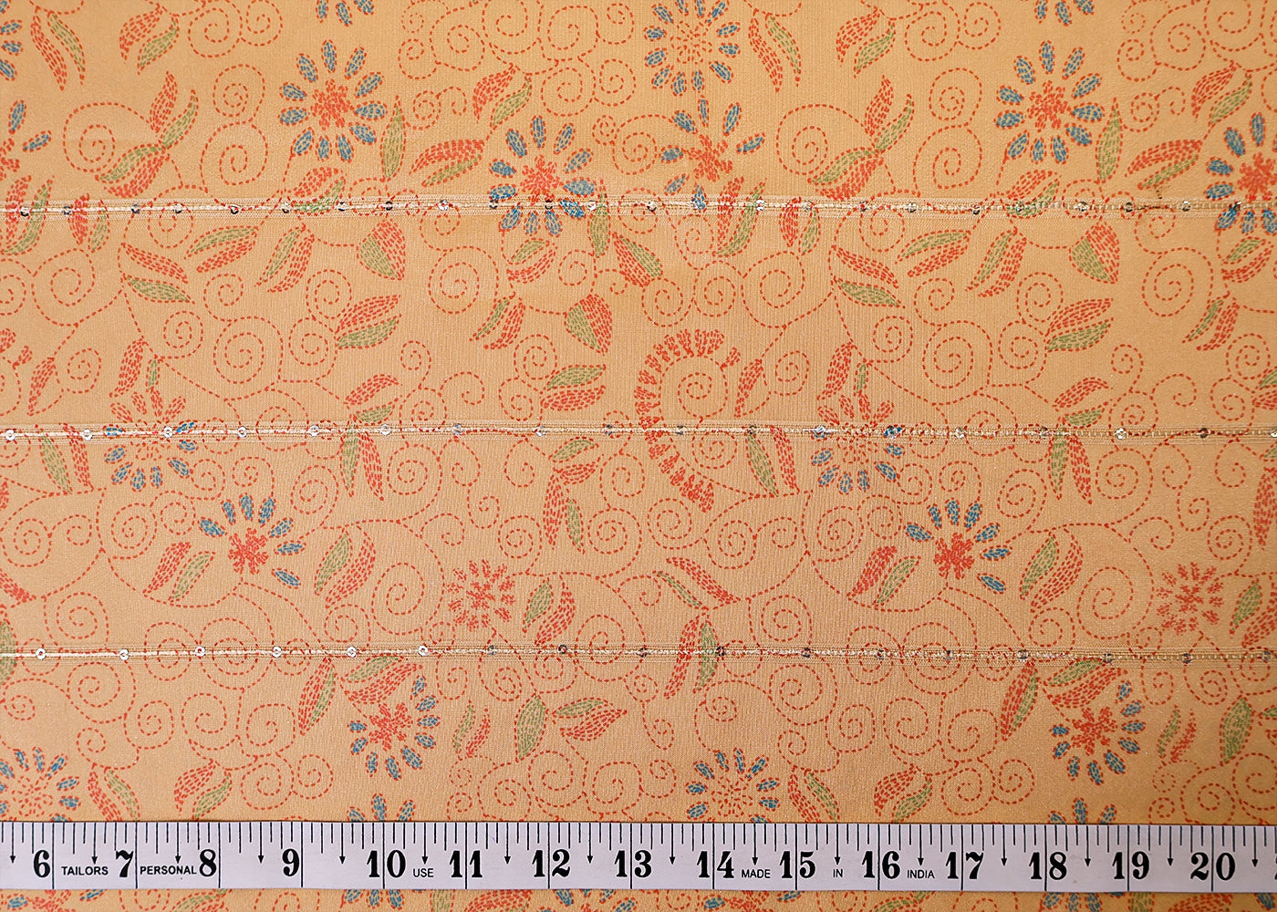 Beige Organza Fabric with All Over Traditional Print, Lurex Thread & Sequins Work 14784