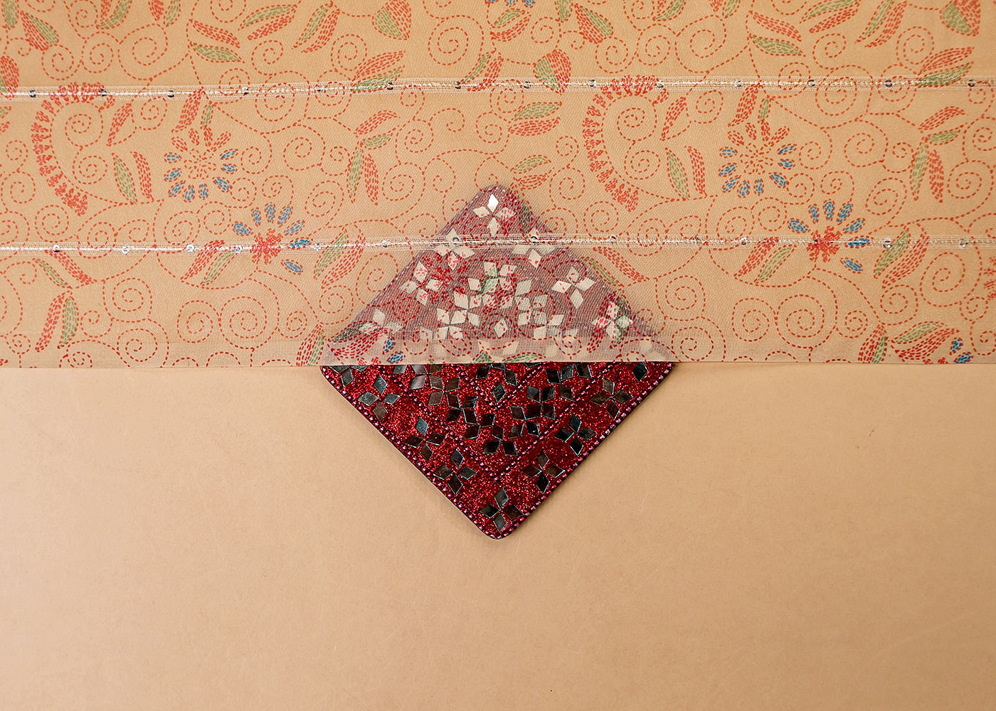 Beige Organza Fabric with All Over Traditional Print, Lurex Thread & Sequins Work 14784