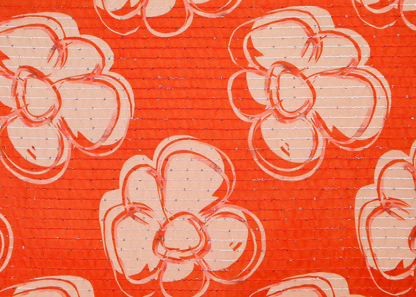 Orange Georgette Fabric with All Over Floral Print, Thread & Sequins Work 14850