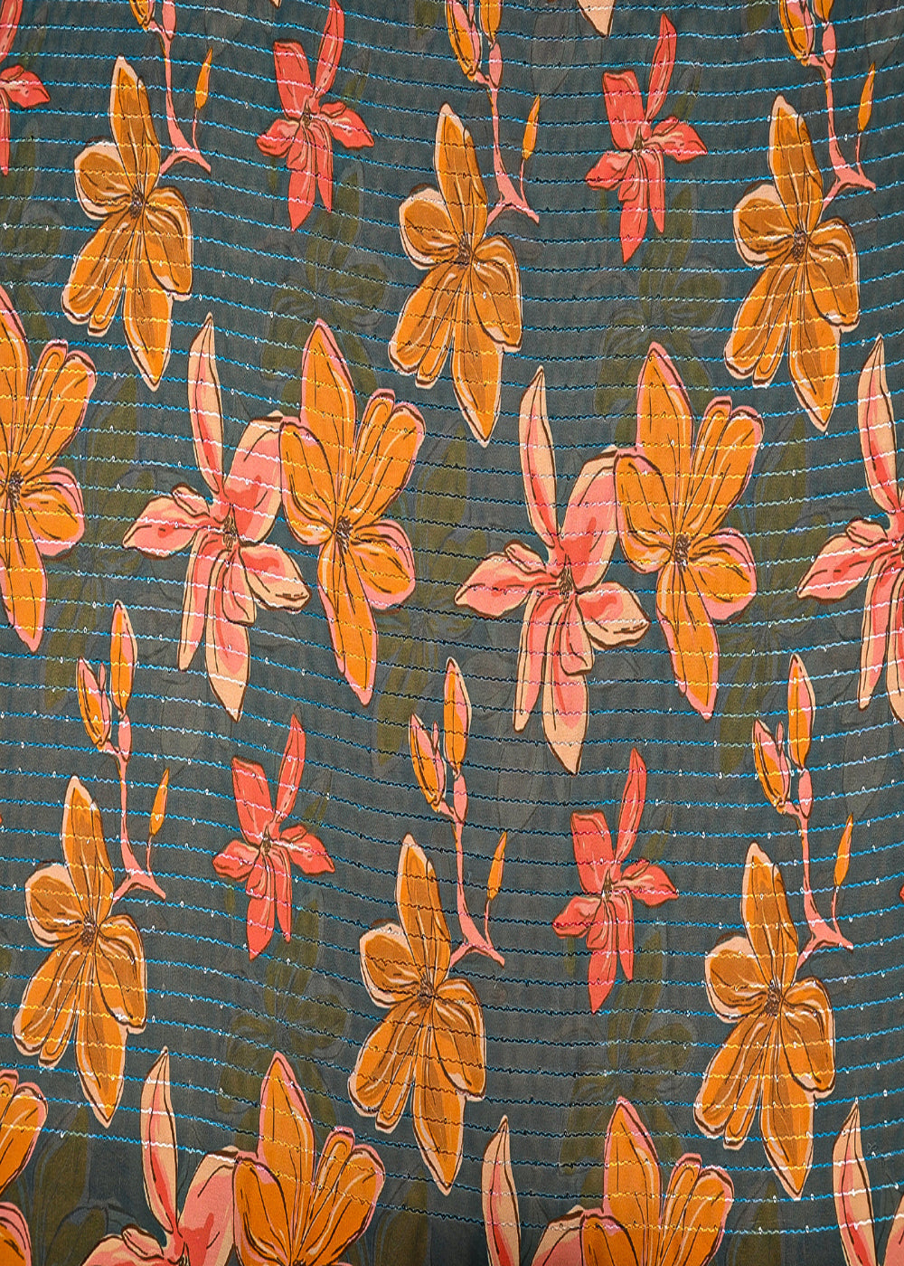 Teal Blue Georgette Fabric With All Over Floral Print, Thread And Sequins Work 14852
