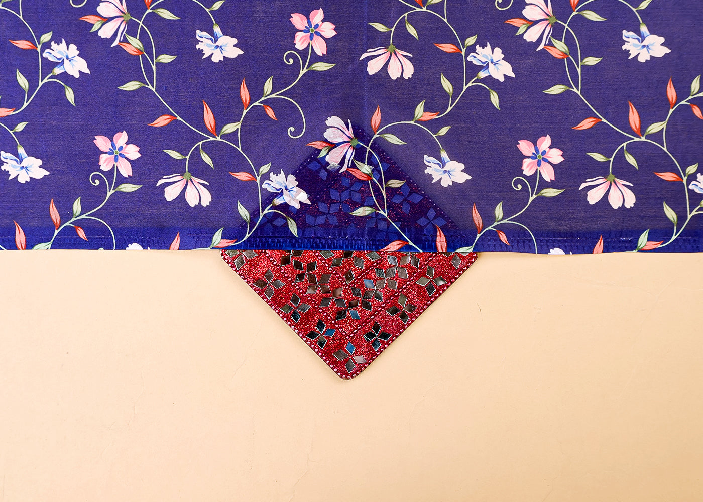 Navy Blue Satin Organza Fabric with All Over Traditional Pattern 14921