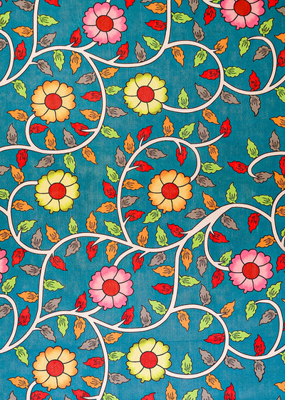 Teal Blue Satin Organza Fabric with All Over Traditional Pattern 14924