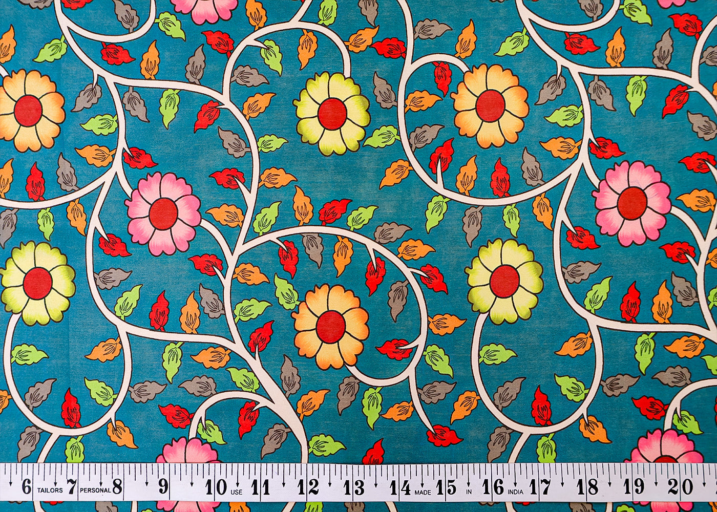 Teal-Blue-Satin-Organza-Fabric-with-All-Over-Traditional-Pattern-14924-measurment-view