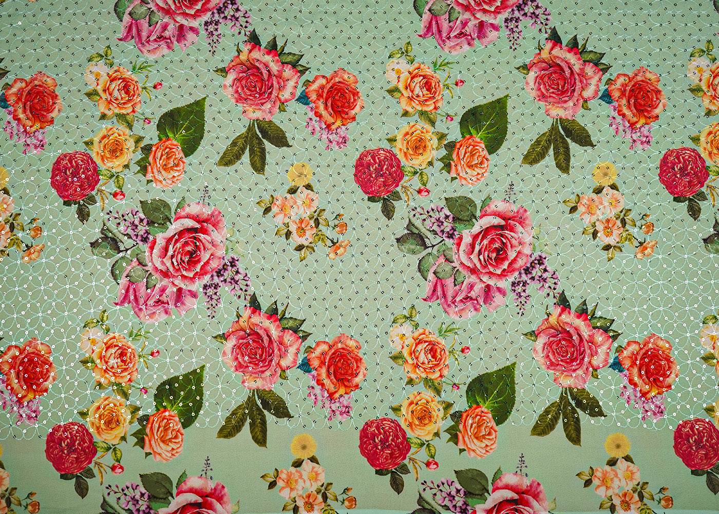 Mint Green Georgette Fabric With All Over Floral Print 14943
