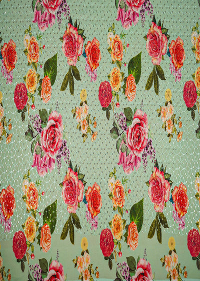 Mint Green Georgette Fabric With All Over Floral Print 14943
